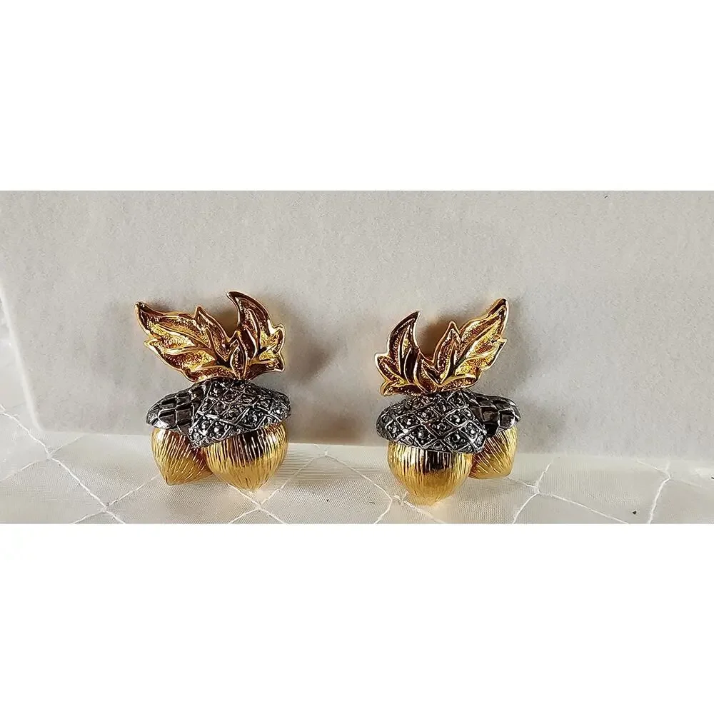 Vintage Avon Elegant Acorn Brooch Clip Earrings Set Gold Tone Faux Marcasite